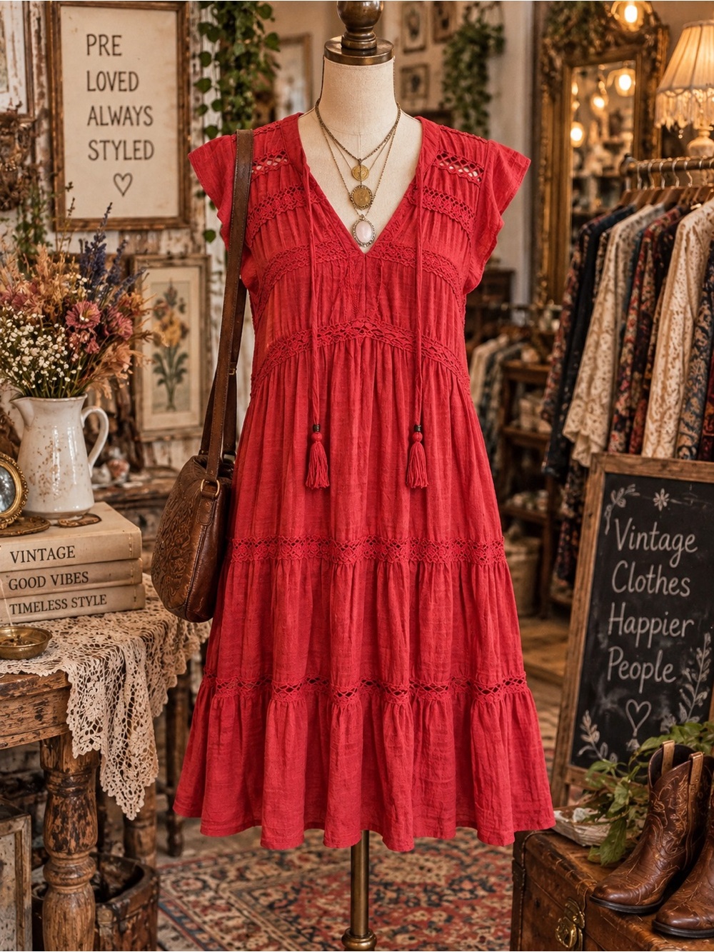 Knox Rose Red Tiered Boho V-Neck Midi Dress